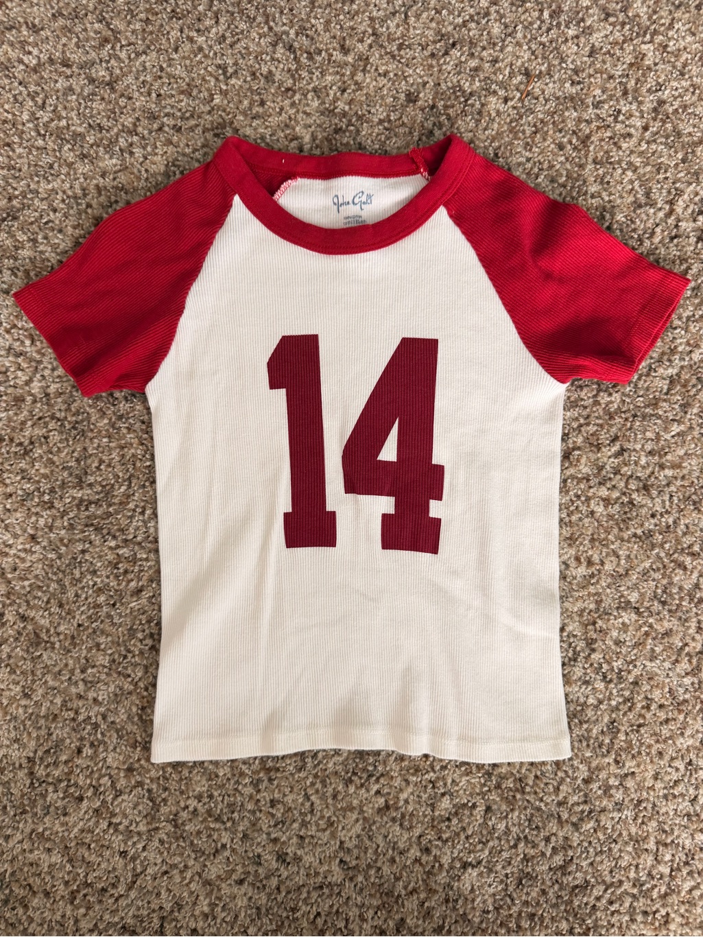 Brandy Melville White Tee With Red Raglan Sleeves & Red '14'